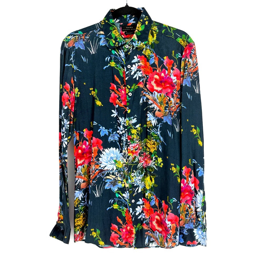 Zara Mens Silky Bright Floral Button Down Shirt Size M Club Party Rave Night Out